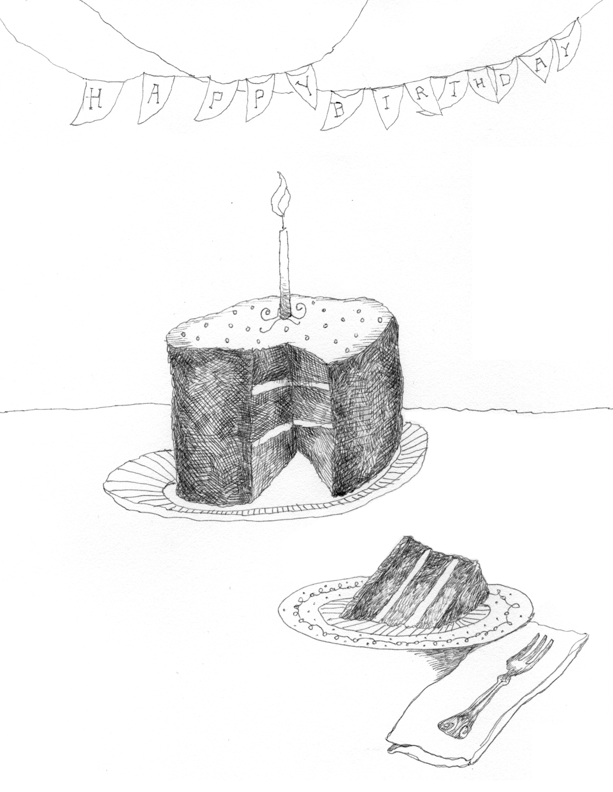 Happy Birthday Cake pen & ink illustration