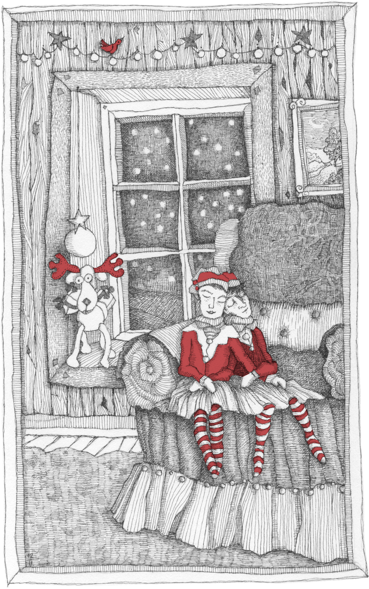 Pen and ink holiday friends card illustration.