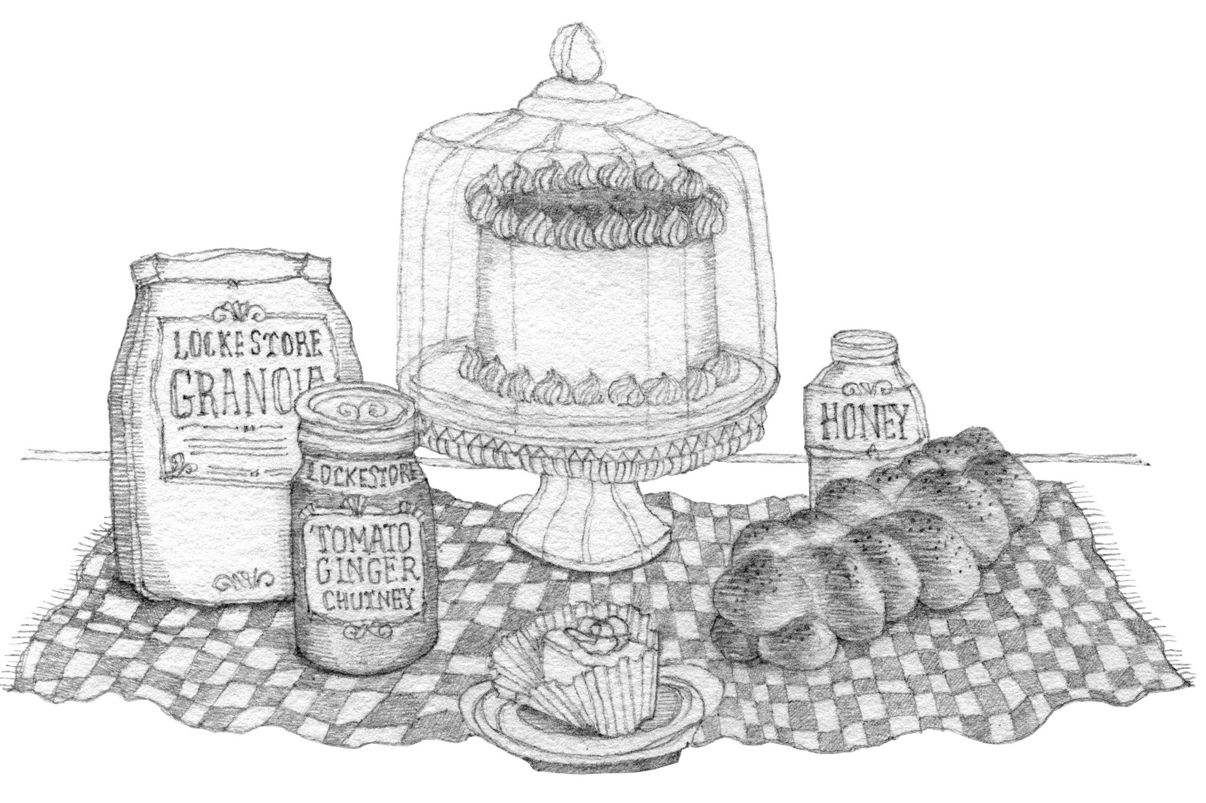 Pencil illustration of grocery and bakery items from Locke Country Store in Millwood Virginia
